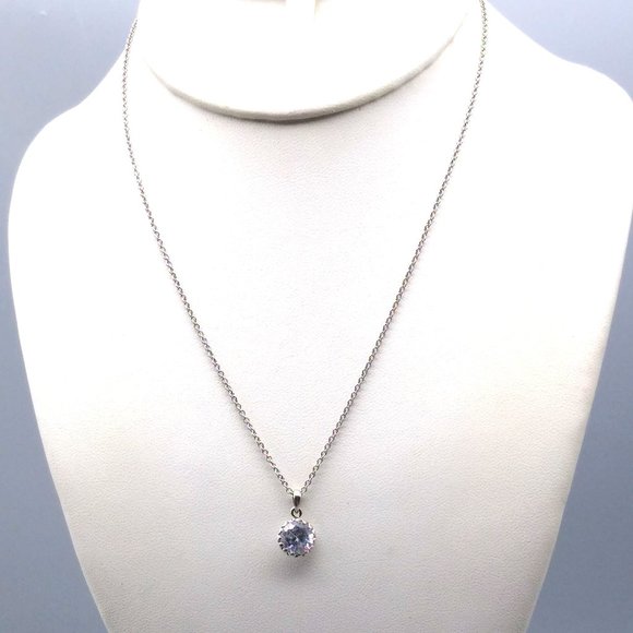 Vintage CZ Solitaire Bezel Set Pendant Necklace on Delicate Silver Tone Chain - Picture 1 of 4